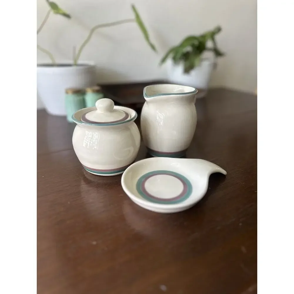 PFALTZGRAFF Juniper Creamer Sugar Bowl Spoon Rest Green Mauve‎ Stripe Vintage